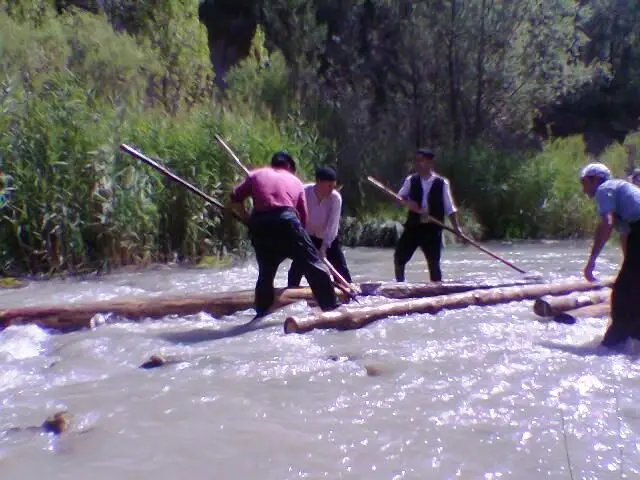 Gancheros conduciendo la madera en la Fiesta Ganchera de Peñalén, 2005.