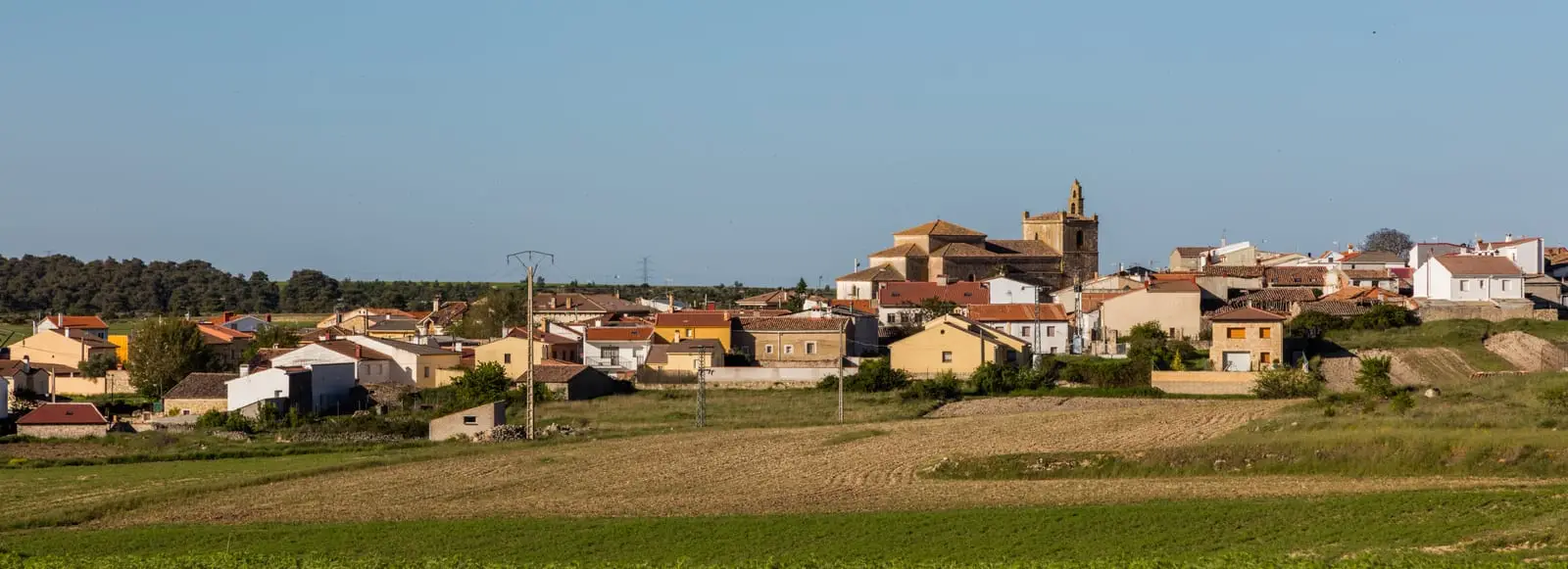 Panoramic view of Canredondo with its church and houses among fields.