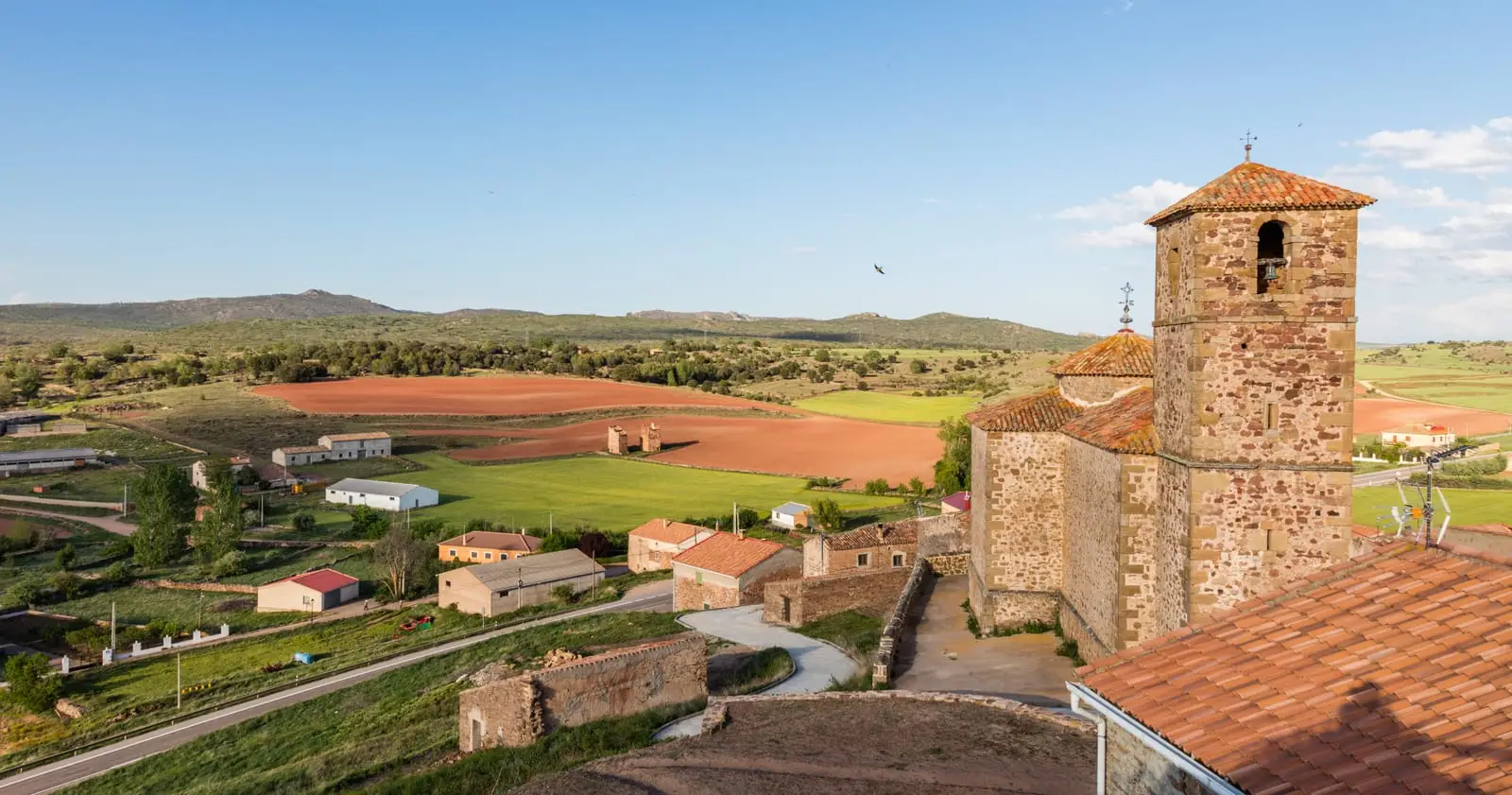 View from Castellar de la Muela’s church over village roofs and the surrounding countryside.