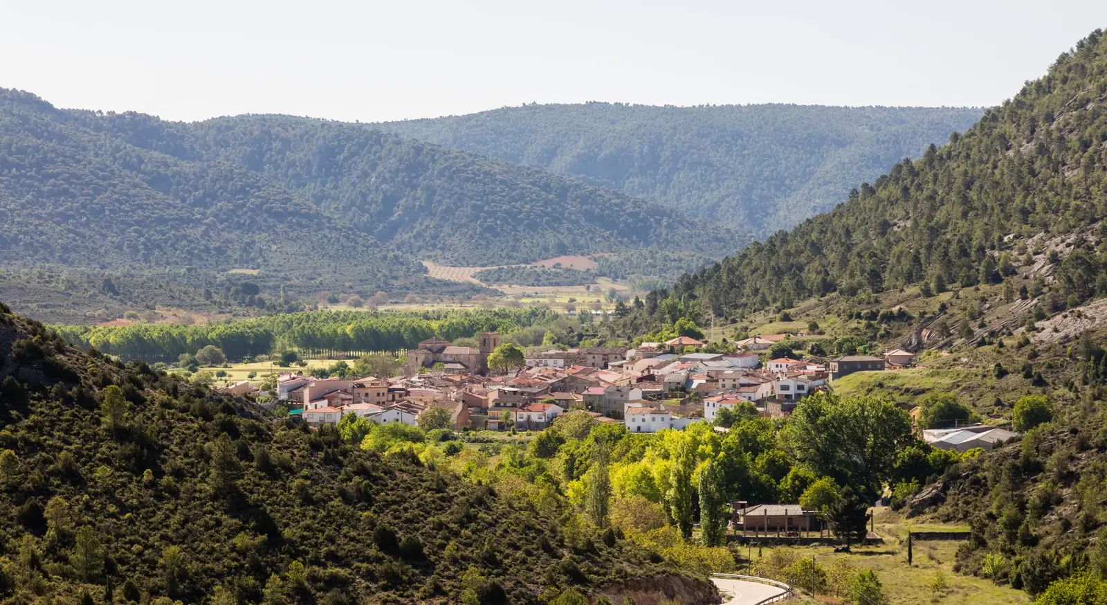 Panoramic view of El Recuenco, Guadalajara, with houses gathered in the valley between wooded slopes.