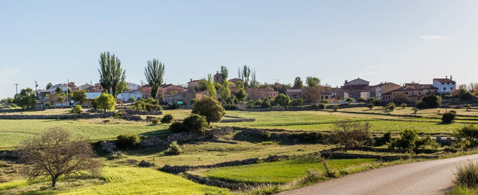 Panoramic view of Esplegares’s houses among fields and stone walls.