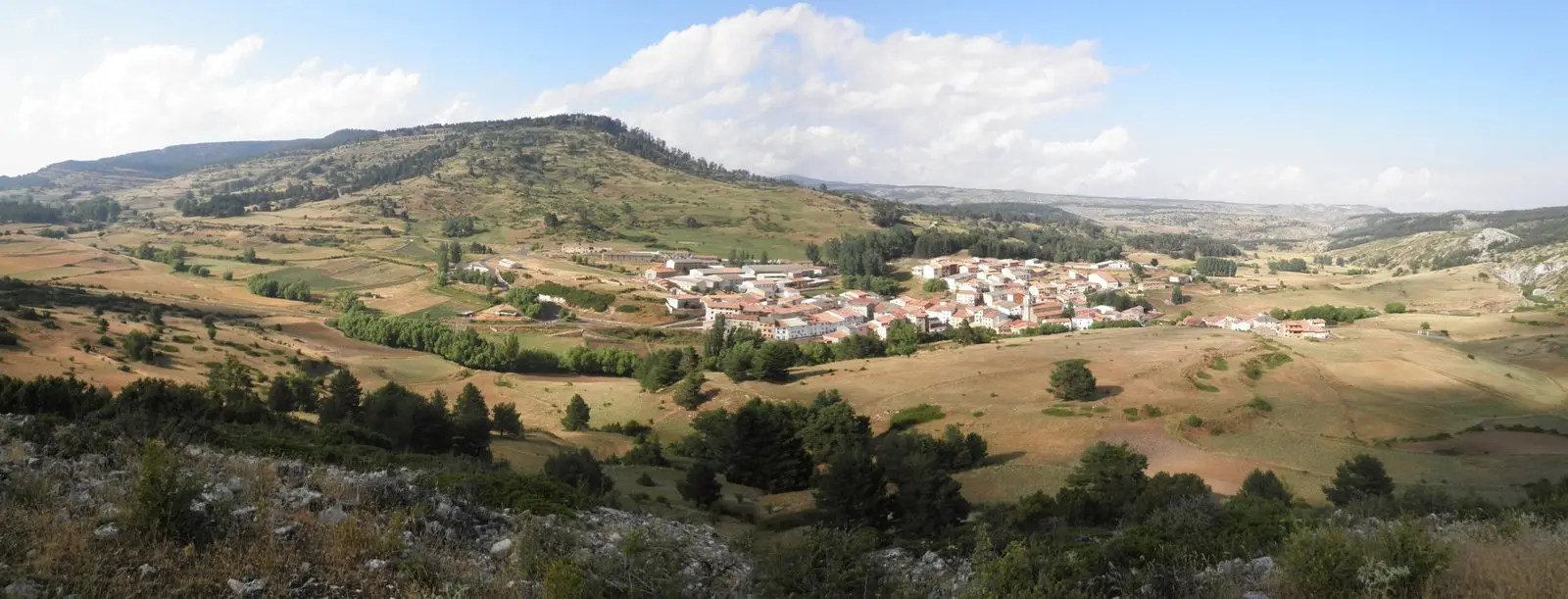Panorámica de Guadalaviar desde el cerro de Santa Bárbara, con la Muela de San Juan al fondo.