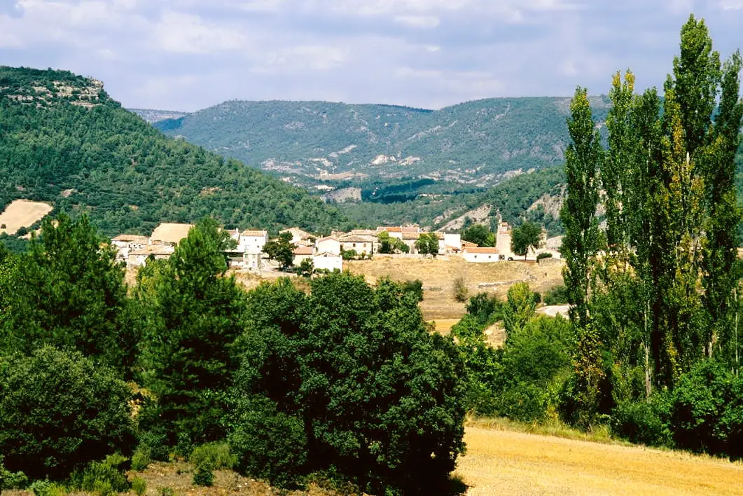 General view of Valtablado del Río among wooded hillsides.